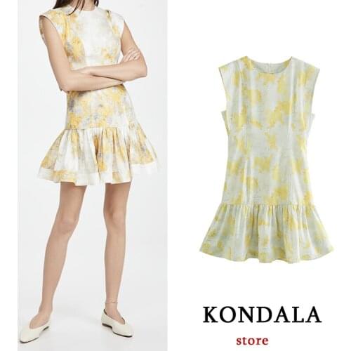 KONDALA Womens Za Sleeveless Ruffle Dress Elegant Yellow Floral Fashion 2021 A-Line Mini Dress Female Vintage Mujer Vestidos