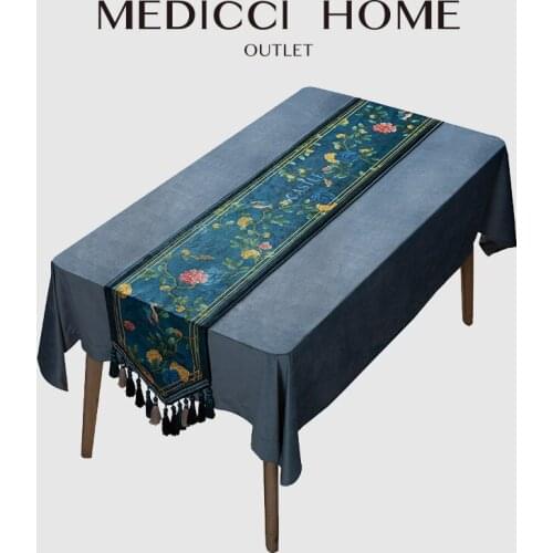 Medicci Home Handcrafted Table Runners Chinoiserie Chinese Feature Elegant Tapestry Velvet Teal Tablecloth Dining Mats Trop Chic