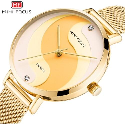 MINI FOCUS Mesh Strap Simple Business Quartz Watches Women Luxury Gold Wristwatch Top Brand Relogios Femininos Clock Lady 0291L
