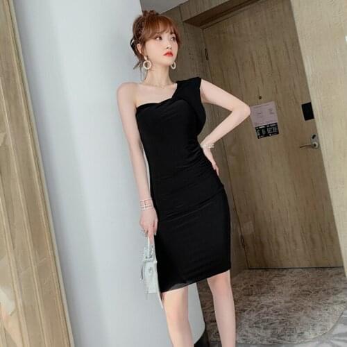 Fashion Summer Korean Vintage Sleeveless Midi Party Club Dress Ladies Elegant Coffee Break Sexy One-Shoulder Bodycon Black Dress