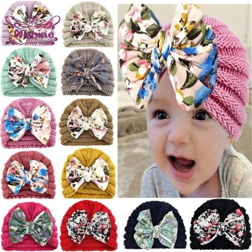 16*14 CM Soft Comfortable Knitting Wool Striped Hats Fashion Print Big Bowknot Newborn Caps Kids Hair Accessories Christams Gift