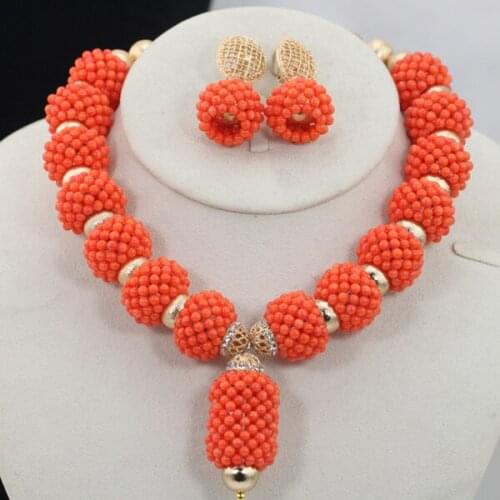 New Handmade African Wedding Nigerian Beads Jewelry Sets Orange Coral Beads Handmade Jewelry Sets Bridal Necklace Sets CJ773