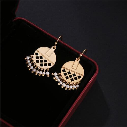 Vintage disc geometric pattern natural freshwater pearl pendant diorearrings18K Gold Plated tassel earrings women