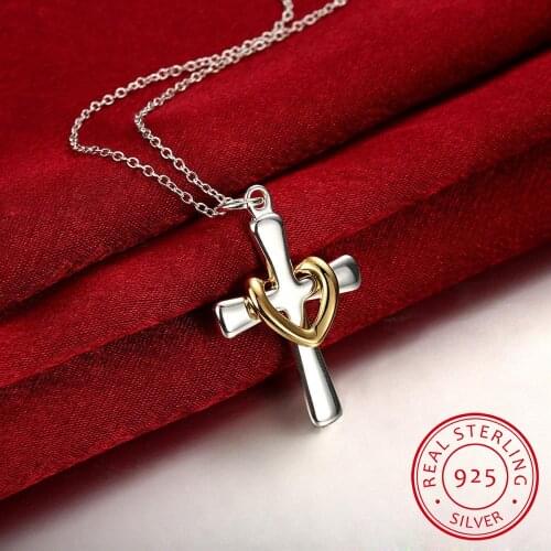 LEKANI Hot sale 925 Serling Silver Fine Jewelry latin cross love heart necklace 1mm rolo jewelry wholesale silver necklace