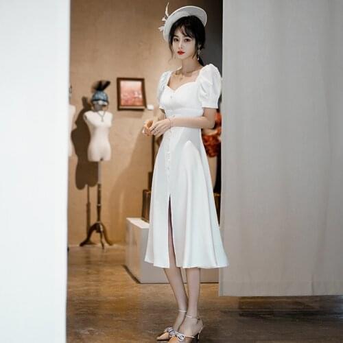 Simple Satin Beaded Bridal Gown Ankle Length Wedding Party Queen Anne Neck Short Sleeves Soft Bridesmaid Gown Real Photo #2109