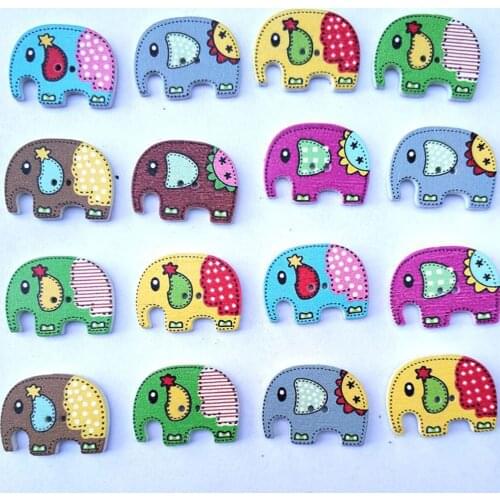 50pcs 2 Holes Mixed Color Cartoon Elephants Wooden Buttons For Handmade Craft Fit Sewing Accessories