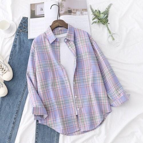 2021 Spring Womens Plaid Shirt Fresh College Style Blouses And Tops Long Sleeve Loose Casual Female Checked Clothes