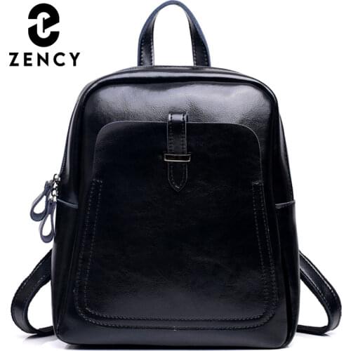 Zency 2021 New Fashion Trend Womens Rucksack Soft Genuine Leather BackpackTravel Outdoor Students Go To School Knapsack Black