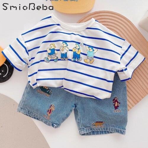 Boys Embroidered Shorts Baby Summer Clothes Two Pieces Sets Kids Korean Style Dinosaur Soft Denim Pants + Striped Shirts Suits