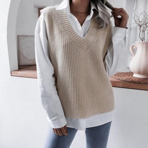 Knitting Sweater Vest Women Sleeveless V-neck Soild Autumn And Winter New Korean Loose Wild Casual Knitted Womens Jumper #T3G