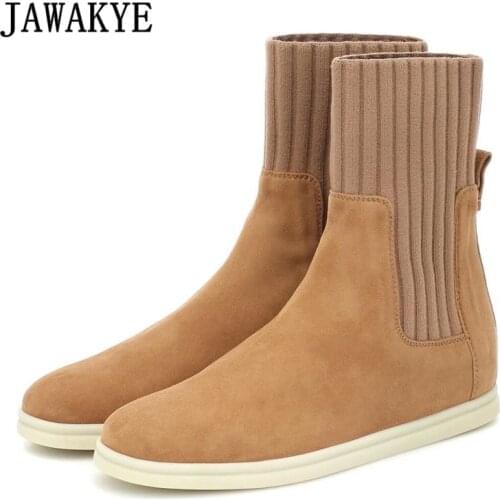Suede Women Sock Boots Comfort Elastic Knitting Short Boots Round Toe Slip-on 2020 Autumn Winter Shoes Designer Flat Walk Shoes