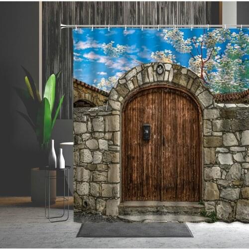 Old Fashioned Shower Curtains American West Farm Barn Arched Door Retro Wooden Pattern Machine Washable Bathroom Decor Curtains
