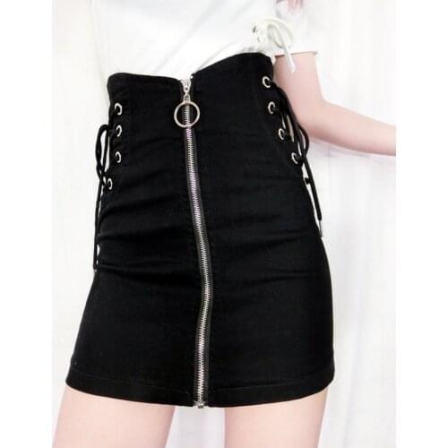 Gothic Women High Waist Bandage Skirts Zipper Skirts Female Summer Streetwear Punk Fashion Sexy Skinny Slim Mini A-Line Skirt