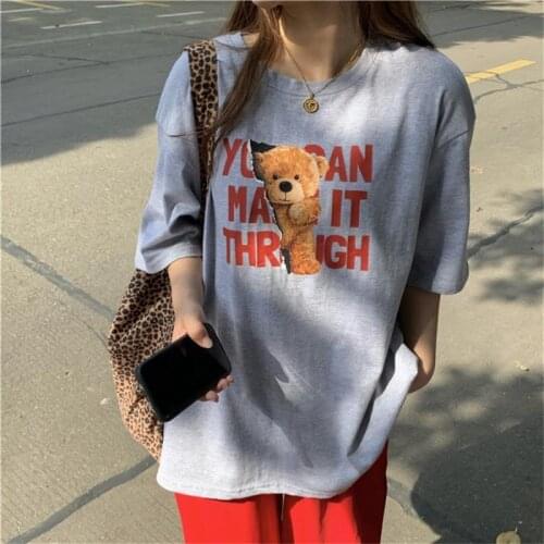 Female Korean Harajuku Retro Ins Bear Print Loose Tshirt Womens T-shirts Tops Japanese Kawaii Ladies Ulzzang Clothes For Women