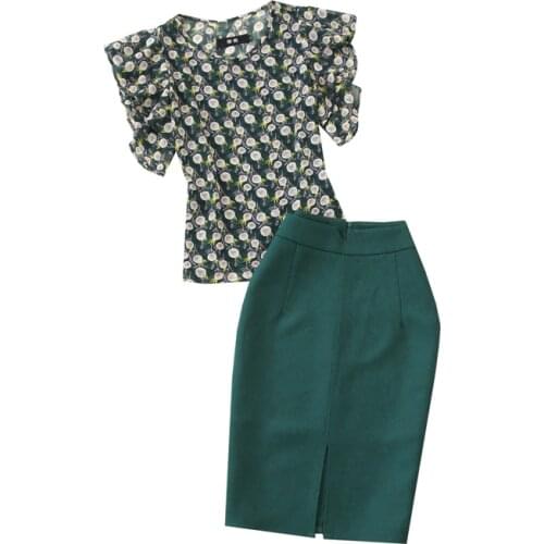 Womens suits womens new style summer fashion printed chiffon thin small shirt shirt +dark green bag hip pencil skirt two-piece