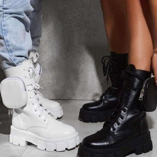 Womens Boots Pocket Lace up Ladies Motorcycles Boots Female Combat Runway Buckle Strap Zipper Ankle Boot Woman Platform Shoes