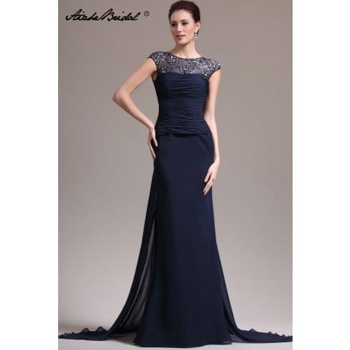 Formal Womens Dress Elegant Mermaid Round Neck Navy Chiffon Lace Mother of the Bride Dresses vestido mae da noiva
