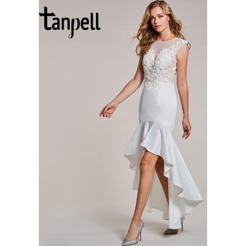 Tanpell asymmetry evening dress white appliques cap sleeves dress women party scoop neck beaded mermaid formal evening dresses