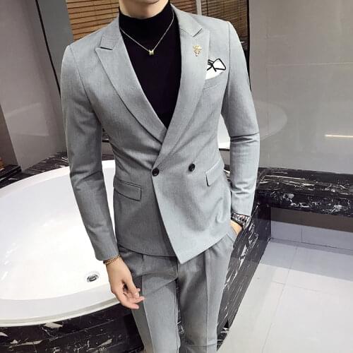 2 Pcs Set Blazers Jacket Pants / 2021 Fashion Mens Casual Boutique Double Breasted Slim Pure Color Groom Wedding Suit Trousers