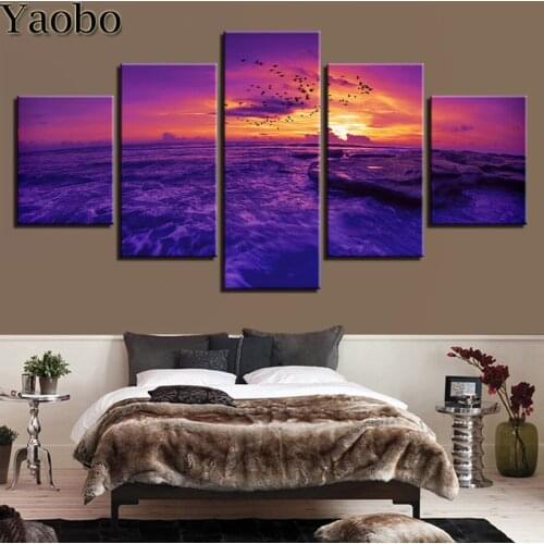 5 Pcs Purple Sky Sunset Landscape Sea 5D DIY Diamond painting Cross Stitch Diamond Embroidery Mosaic Rhinestone House decor