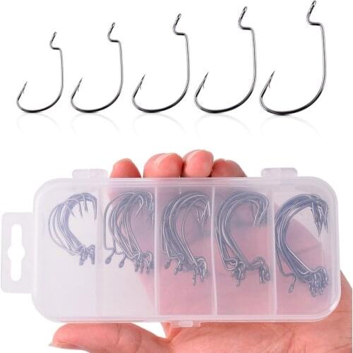 50PCS Worm Fishing Hook Clamp Wide Gap Crank Fishing Hooks Set For Soft Bait Worms Crank High Carbon Steel Crank Barbed Hook