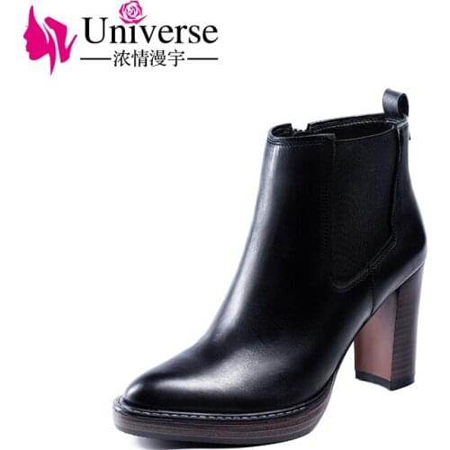 Square Heel Genuine Leather&Elastic Band Size 34-41 Ankle Boots Zip Universe Handmade Women Winter Boots Black Fashion Shoe H191
