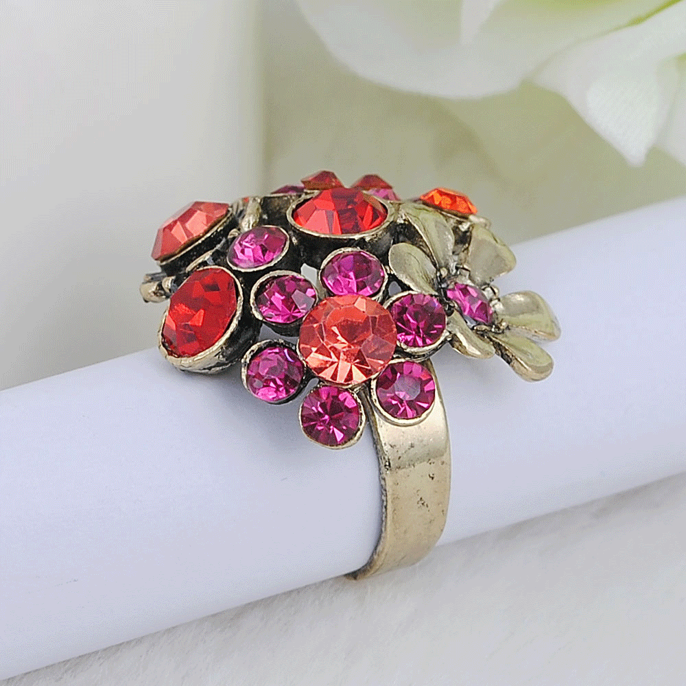 European and American Popular Design Patina Plated Inlay Color Flower-Shaped Rhinestone Ring