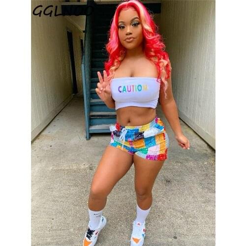 GGLNOO Sexy Colorblock Bandana Shorts Crop Top Two Piece Outfits for Women Birthday Clubwear Street Style Sweatsuits