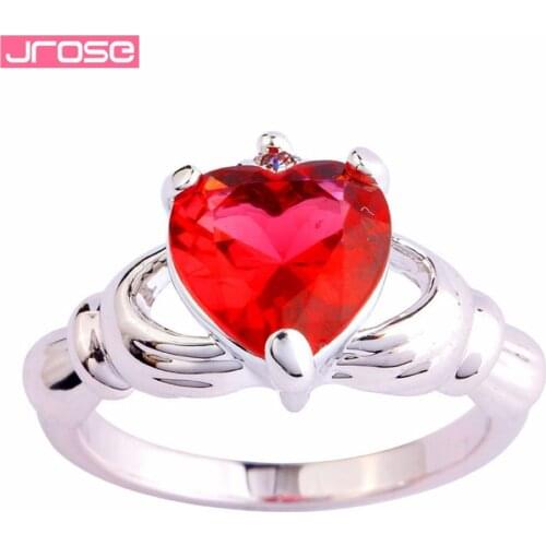 JROSE Wholesale Claddagh Love Style Red & White CZ Fashion Jewelry Silver Ring Size 7 8 9 10 Engagement Wedding Bride Gifts