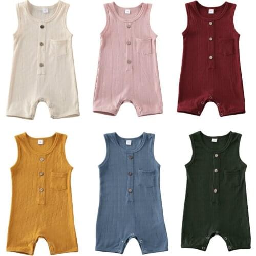 Newborn Infant Baby Boys Girls Romper Jumpsuit 2021 Summer Toddler Sleeveless Buttons Playsuits Solid Color Baby Clothes