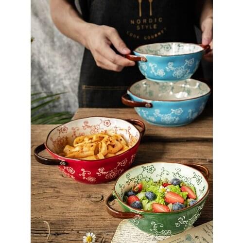 New Cherry Bianual Hollow Handle Ceramic Dessert Bowl Household Cutlery Creative Pasta Soup Noodles Bowl Red Green