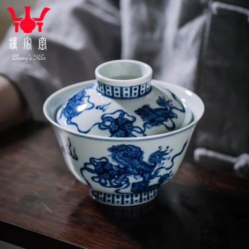 Single clock home kiln jingdezhen blue and white maintain pure manual only three bowls of the lion as tureen tea bowl