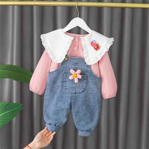 2021 Autumn Baby Girls Clothing Sets Infant Cotton Clothes Kids Lace Flowers Long Sleeve T Shirt Jeans Children Casual Outfit