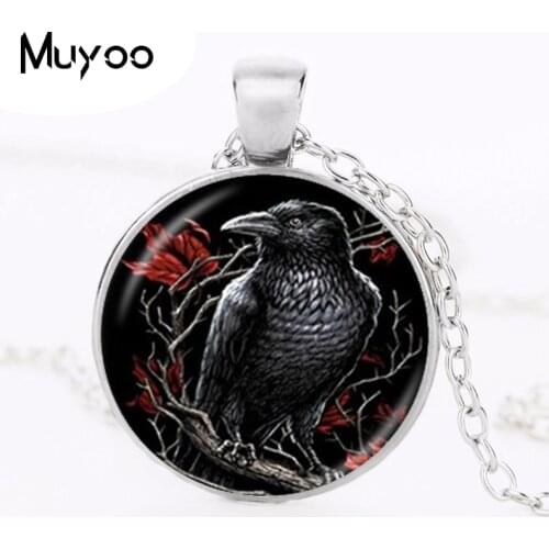 Black Raven Necklace Gothic Crow Pendant Bird Jewelry Glass Cabochon Photo Animal Necklace for Lover Statement Necklace HZ1