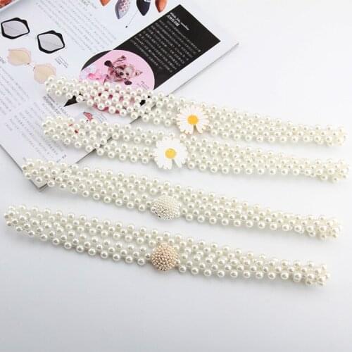 Waist Art Brand New Elastic Women Belt Popular Little Daisy Buckle Pearl Decoration Dress Thin Girdle Diamond Young Female Belt