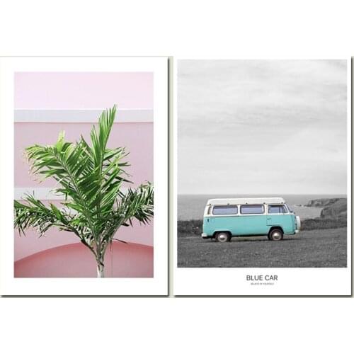 Blue Car Pink Green Leaf Wall Painting Nordic Poster Blauw Zwart Plant Posters And Prints Wall Pictures For Living Room Unframed
