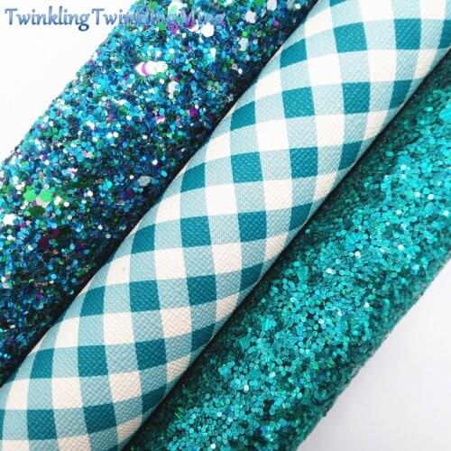 BLUE Glitter Fabric, Plaids Faux Leather Fabric, Synthetic Leather Sheets For Bows A4 8"x11" Twinkling Ming XM239