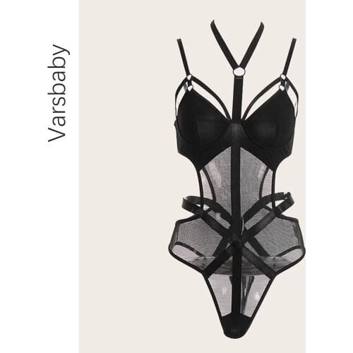 Sexy Mesh Waistless Black Bodysuit See-Through Bandage Beauty Back Female Hot Slim Fashion Tights Pajamas