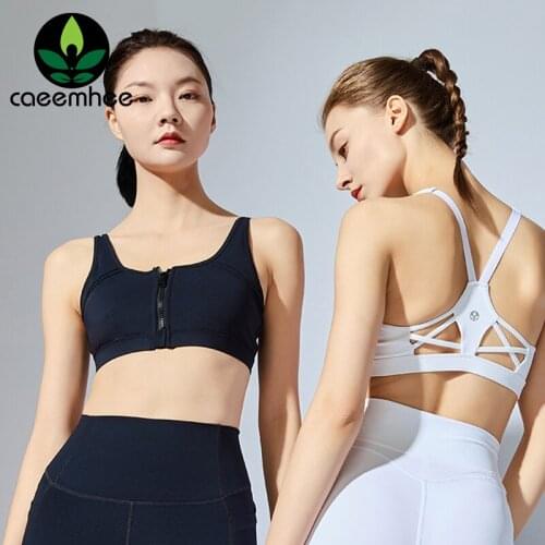 CAEEMHEE Front Zipper Sports Bra Top Women Cross Strappy Yoga Underwear Padded Push Up Fitness Gym Running Vest Workout Bra