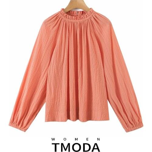 TMODA1913 2021 Autumn Women Retro High Collar Long Sleeve Pullovers Shirts Ladies Simple Comfortable All-match Tops Female