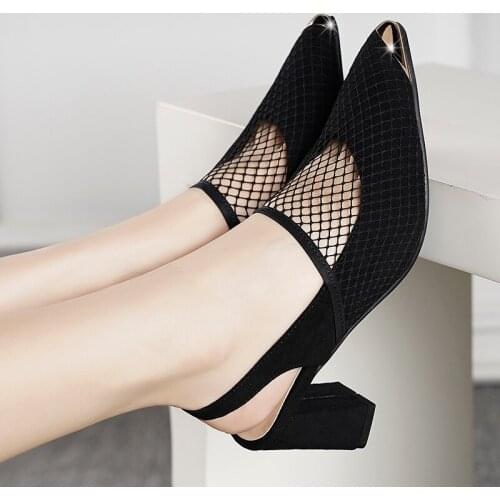 2021 New Square Heels Pumps Women Breathable Mesh Pointed Toe Slingbacks Shoes Woman Shallow Single Shoes Lady