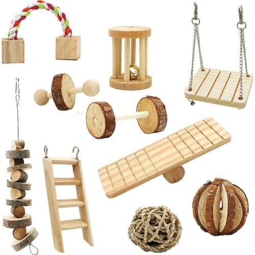 10 Pack Hamster Chew Toys, Natural Wooden Pine Guinea Pigs Rats Chinchillas Toys Accessories Dumbells Exercise Bell Roller Tee