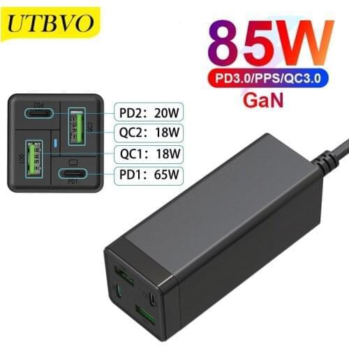 UTBVO USB C Charger GaN 85W 4-Port Desktop Charging Station with 2 USB C + USB A Ports For MacBook iPad Pro iPhone Switch Galaxy