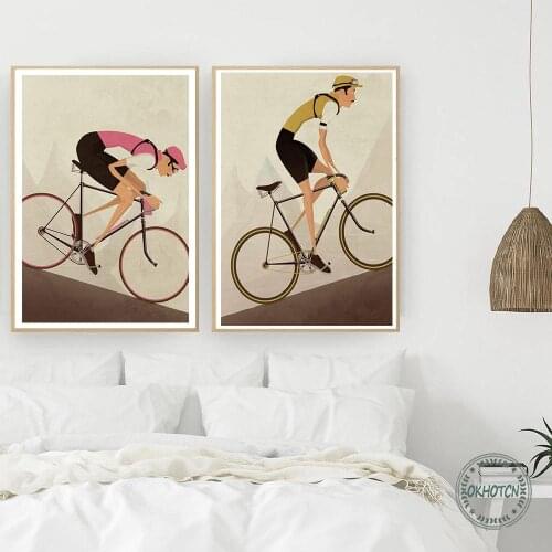 Vintage Style Bicycle Cyclist Canvas Painting Retro Cartoon Bike Race Photo Print Poster Wall Art Pictures for Living Room Decor