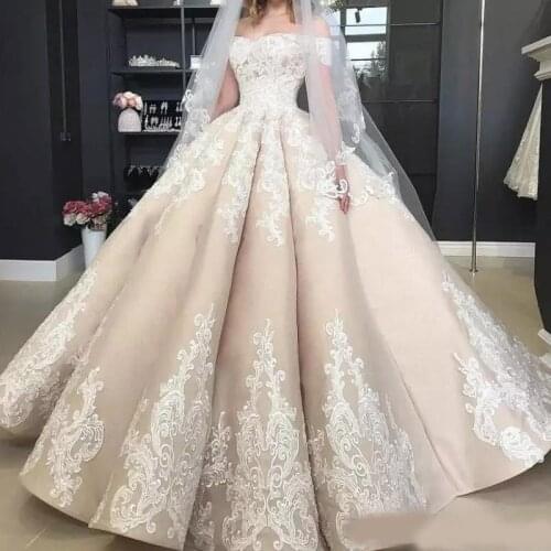 Vintage Puffy Light Champagne Wedding Dresses Off The Shoulder Applique 2020 Off Shoulder Full length Church Garden Princess Wed