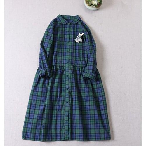 Japan Spring Style Green Plaid Dress Doll Collar Long-Sleeve Belt Pocket Buckle Cardigan Dress Women