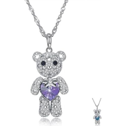 ZEMIOR 925 Sterling Silver Animal Pendant Necklaces For Women Cute Bear Pendant With Heart Austria Crystal Girlfriend Gift