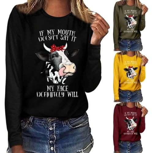 Women T-shirt Long Sleeve O-neck Shirt Lovely Cow Printing T-shirt Solid Color For All-match Girls Daily Casual Knitted T-shirt
