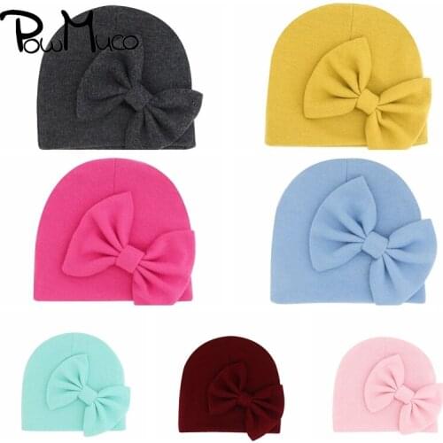 Powmuco Comfortable Warm Knitting Cotton Newborn Hats Double Layer Solid Color Baby Girls Caps Cute Bowknot Headwear Photo Props