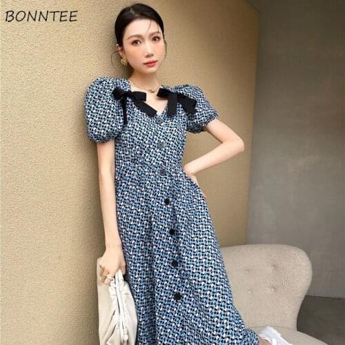 Dresses Women Bow Floral Midi Empire Summer Design French New Puff Sleeve 90s Ladies A-line Hipster Sundress Temperament Tender
